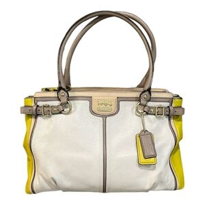 COACH EUC Madison Colorblock Kara Carryall beige/lime Leather Excellent LIKE new